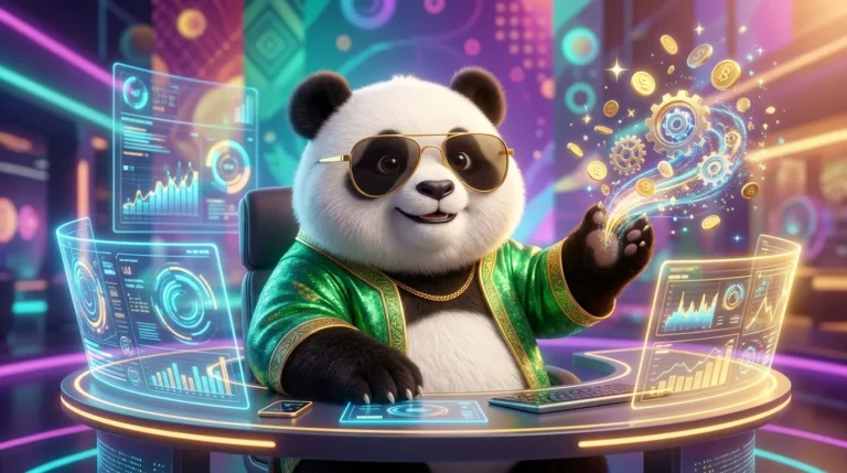 Panda elegante con gafas de sol gestionando datos financieros digitales